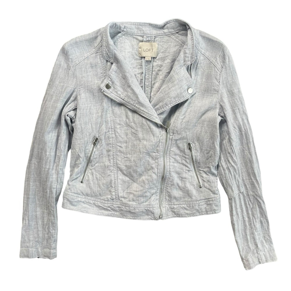 Loft Womens S Light Blue Linen Blend Asymmetrical Zip Moto Jacket 474248 Preeppy